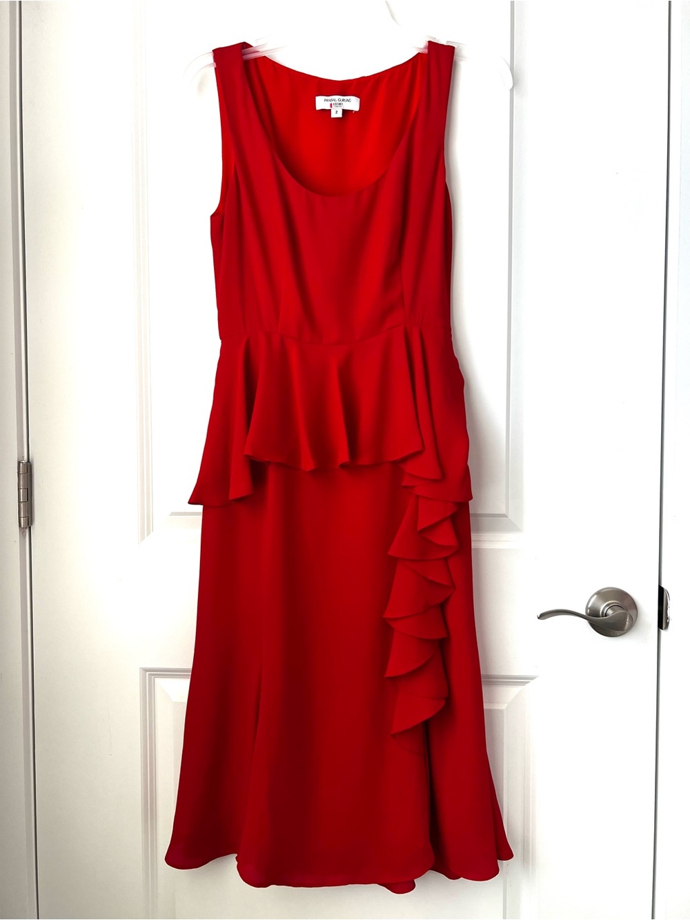 PRABAL GRUNG
 Red Sleeveless Peplum Ruffle Midi Dress - Elegant Event Wear